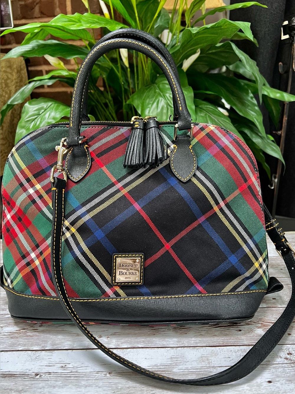 Dooney & Bourke Black Plaid Satchel with Red and Green Accents